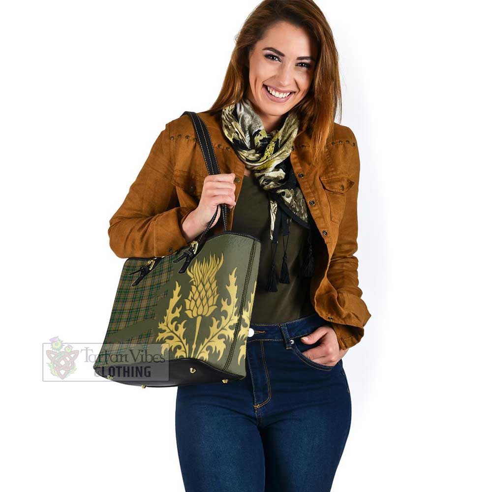 Tartan Vibes Clothing O'Farrell Tartan Leather Tote Bag Gold Thistle Style