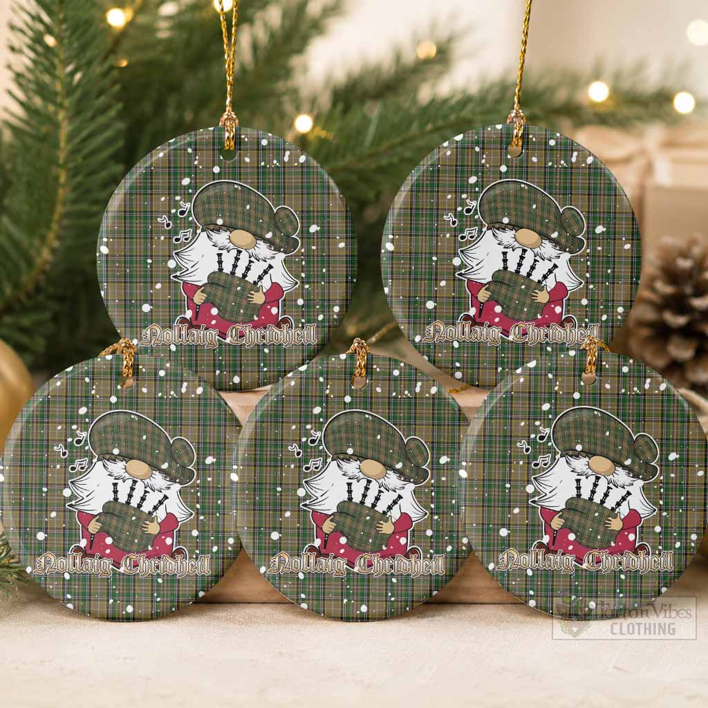 O'Farrell Tartan Ceramic Circle Ornament Gnome Bagpiper - Chistmas Tree Decor