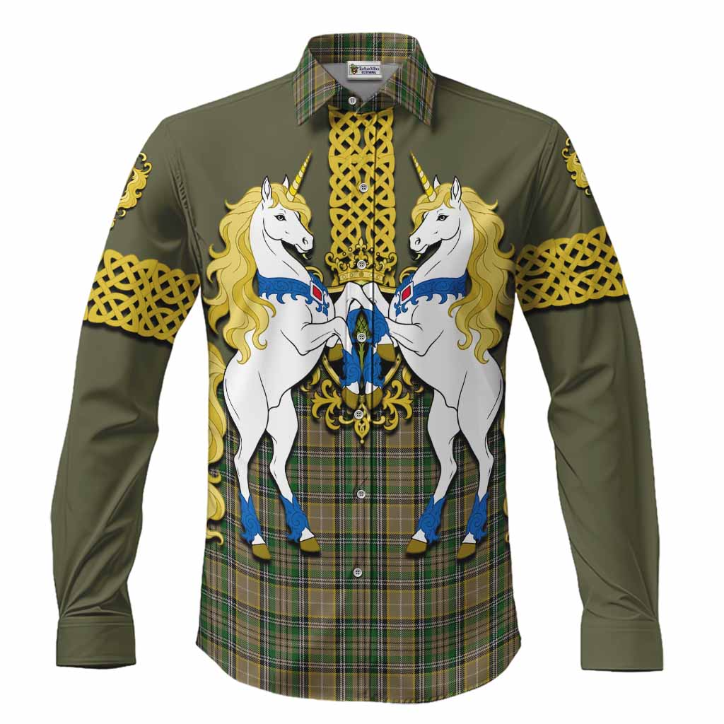 O'Farrell Tartan Long Sleeve Button Shirts Unicorn Celtic Knot And Thistle Emblem