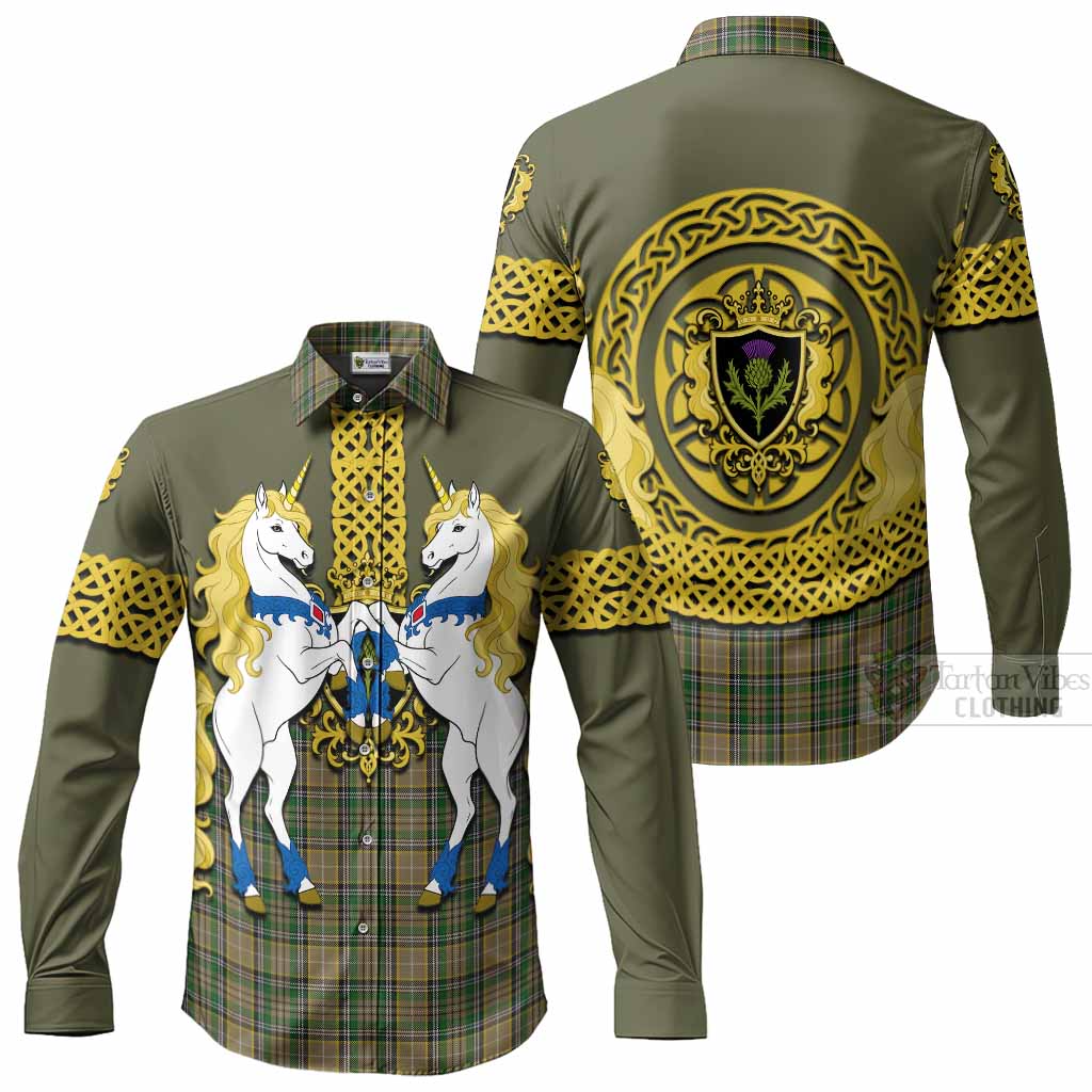 O'Farrell Tartan Long Sleeve Button Shirts Unicorn Celtic Knot And Thistle Emblem