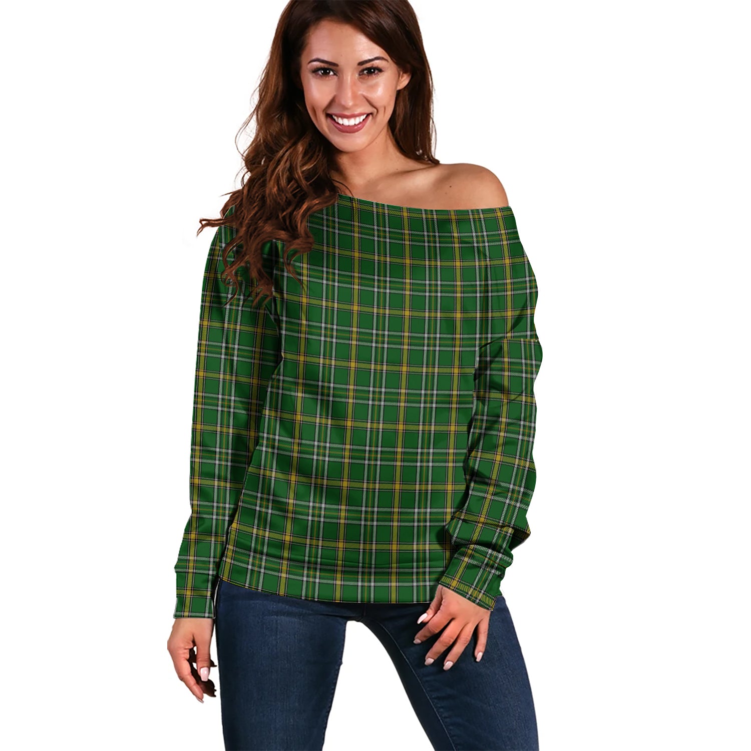 Offaly County Ireland Tartan Off Shoulder Women Sweater Women - Tartan Vibes Clothing
