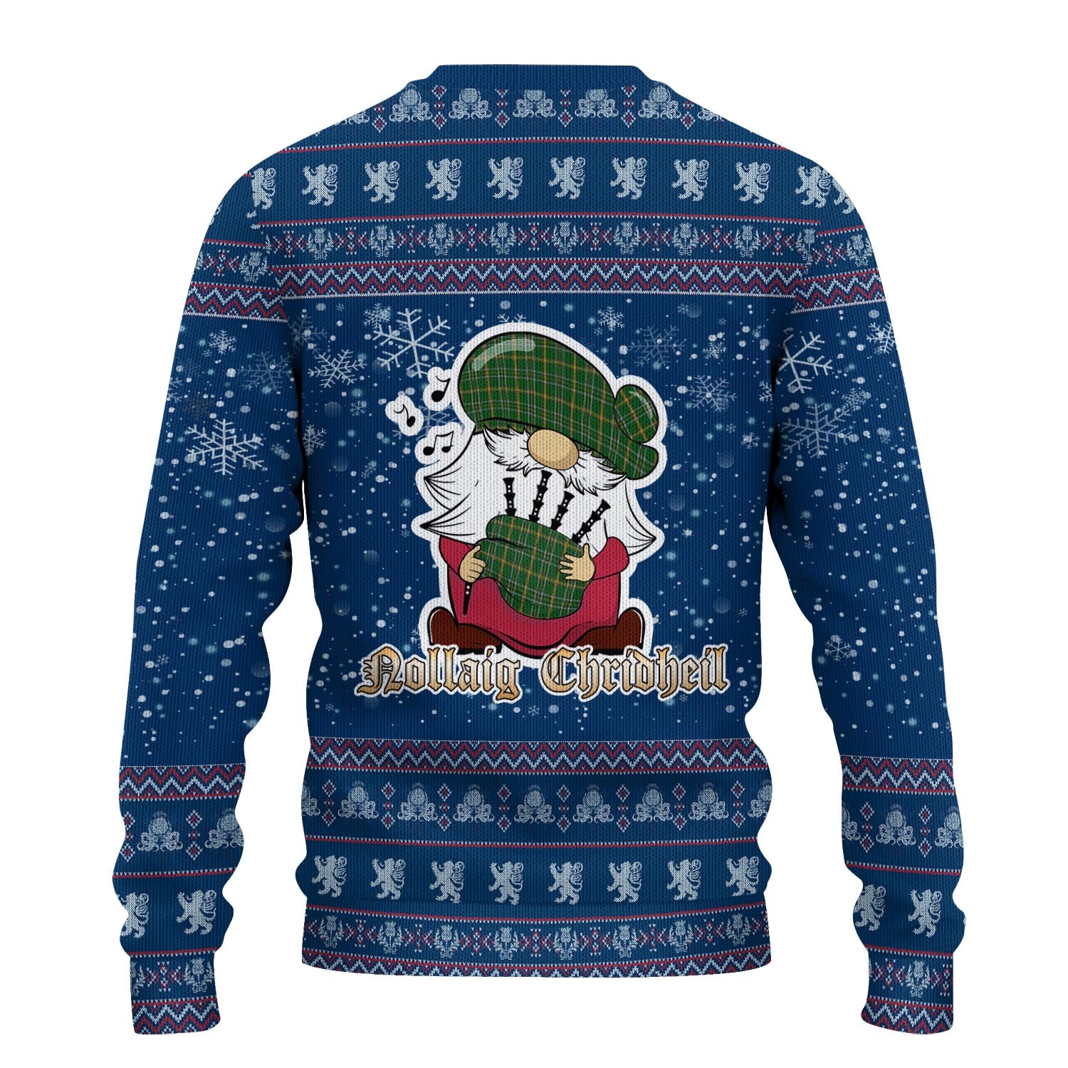 Offaly County Ireland Clan Christmas Family Knitted Sweater with Funny Gnome Playing Bagpipes - Tartanvibesclothing