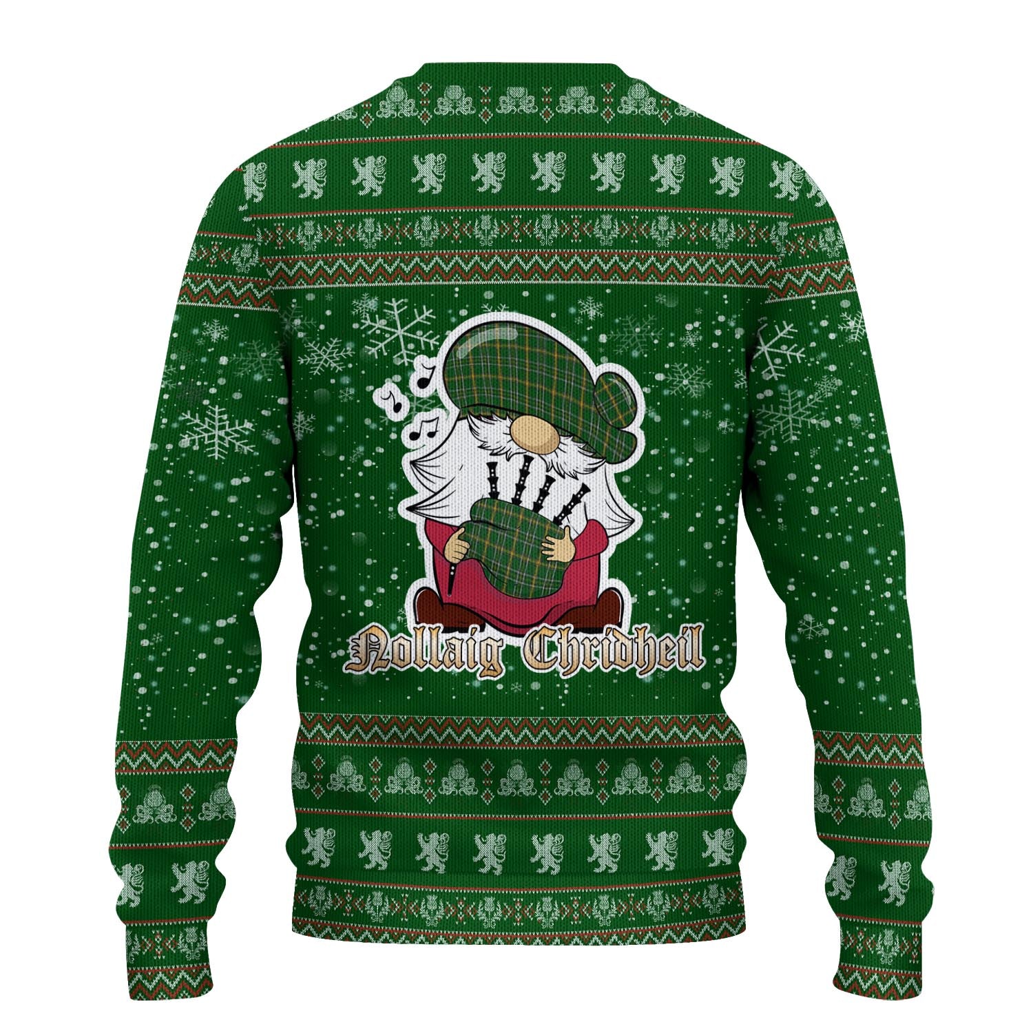 Offaly County Ireland Clan Christmas Family Knitted Sweater with Funny Gnome Playing Bagpipes - Tartanvibesclothing