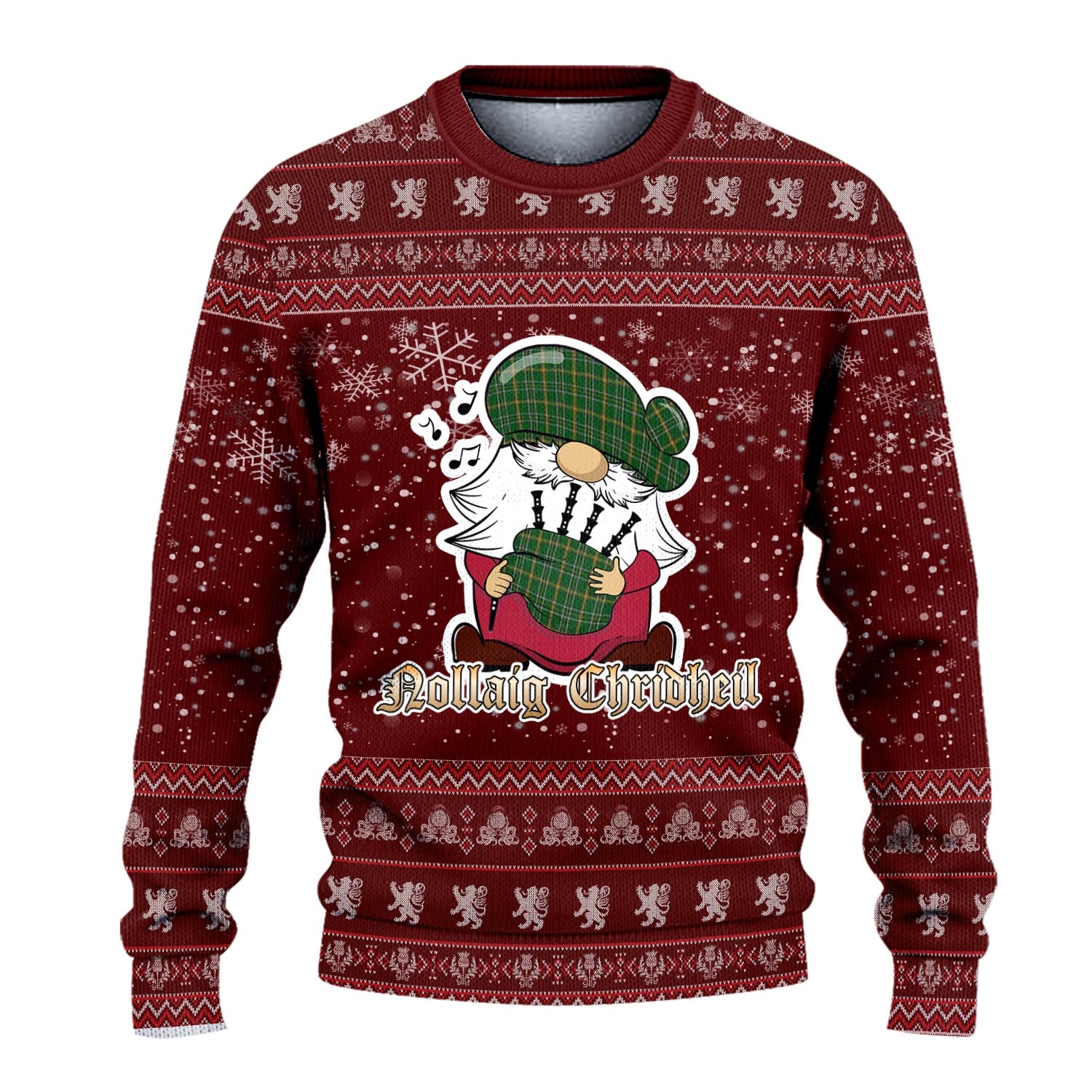 Offaly County Ireland Clan Christmas Family Knitted Sweater with Funny Gnome Playing Bagpipes - Tartanvibesclothing
