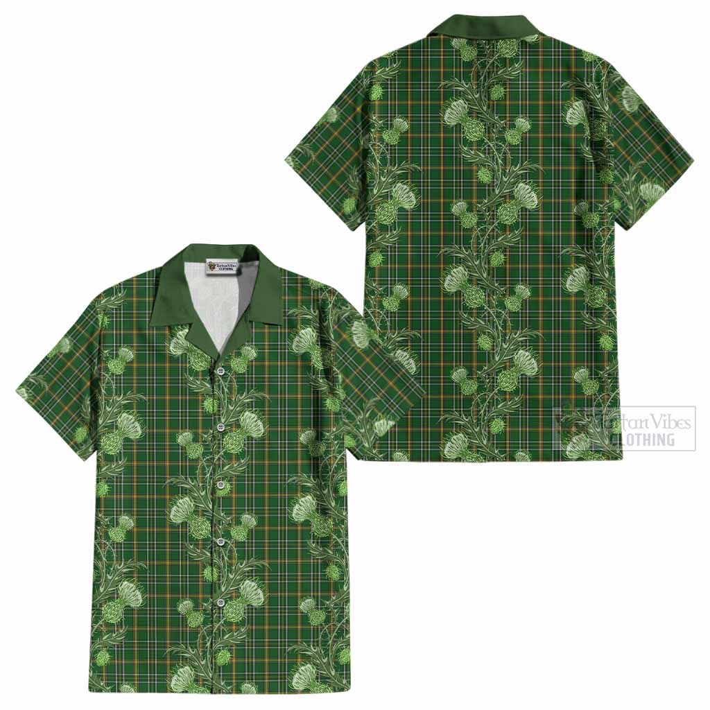 Offaly County Ireland Tartan Cotton Hawaiian Shirt Seamless Scottish Thistle Flowers