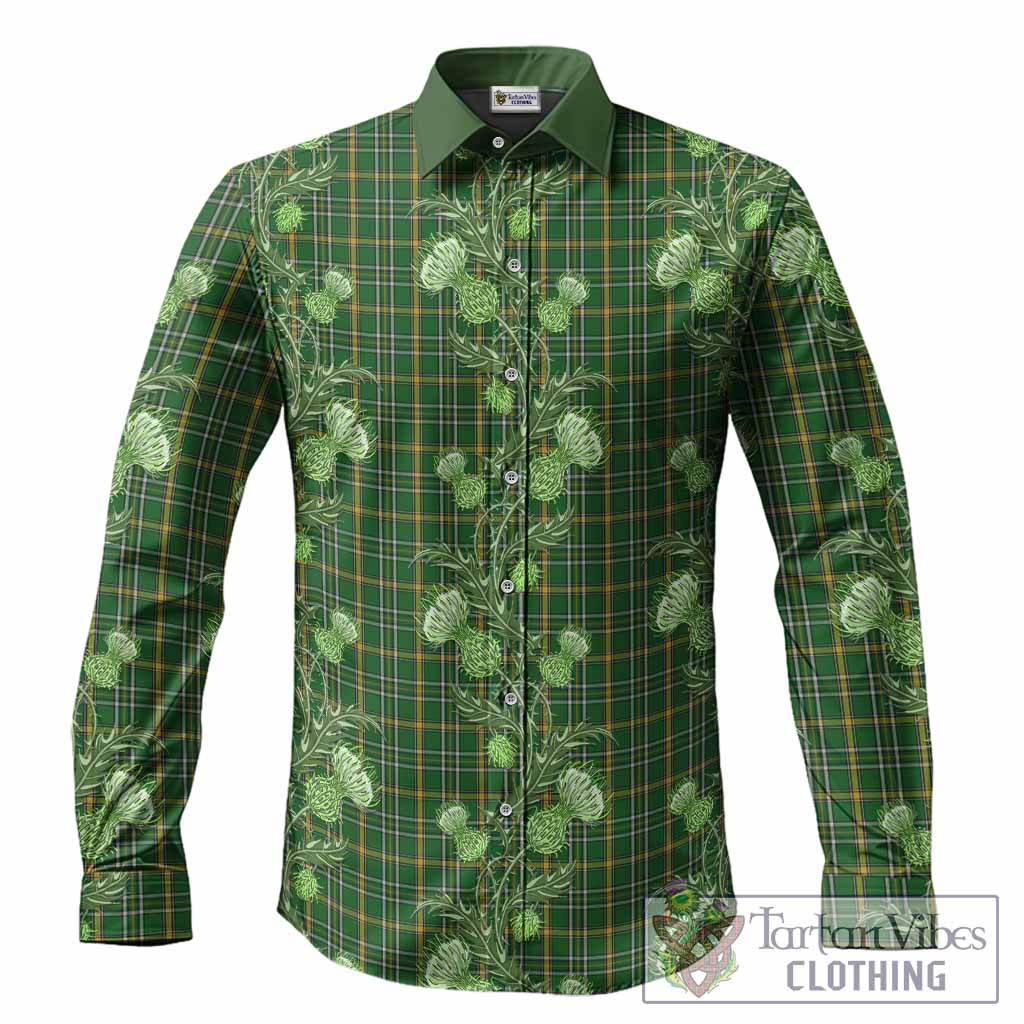 Offaly Tartan Long Sleeve Button Shirts Seamless Scottish Thistle Flowers