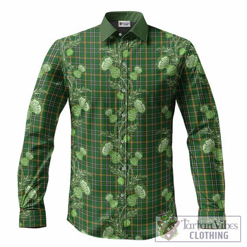 Offaly Tartan Long Sleeve Button Shirts Seamless Scottish Thistle Flowers