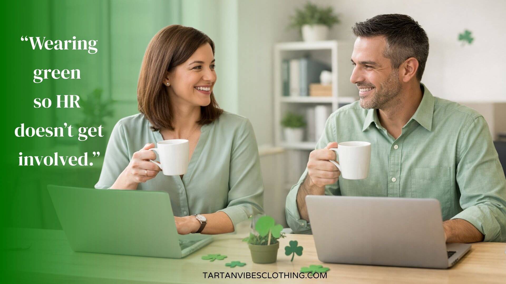 Office coworkers in green for St. Patrick’s Day corporate humor