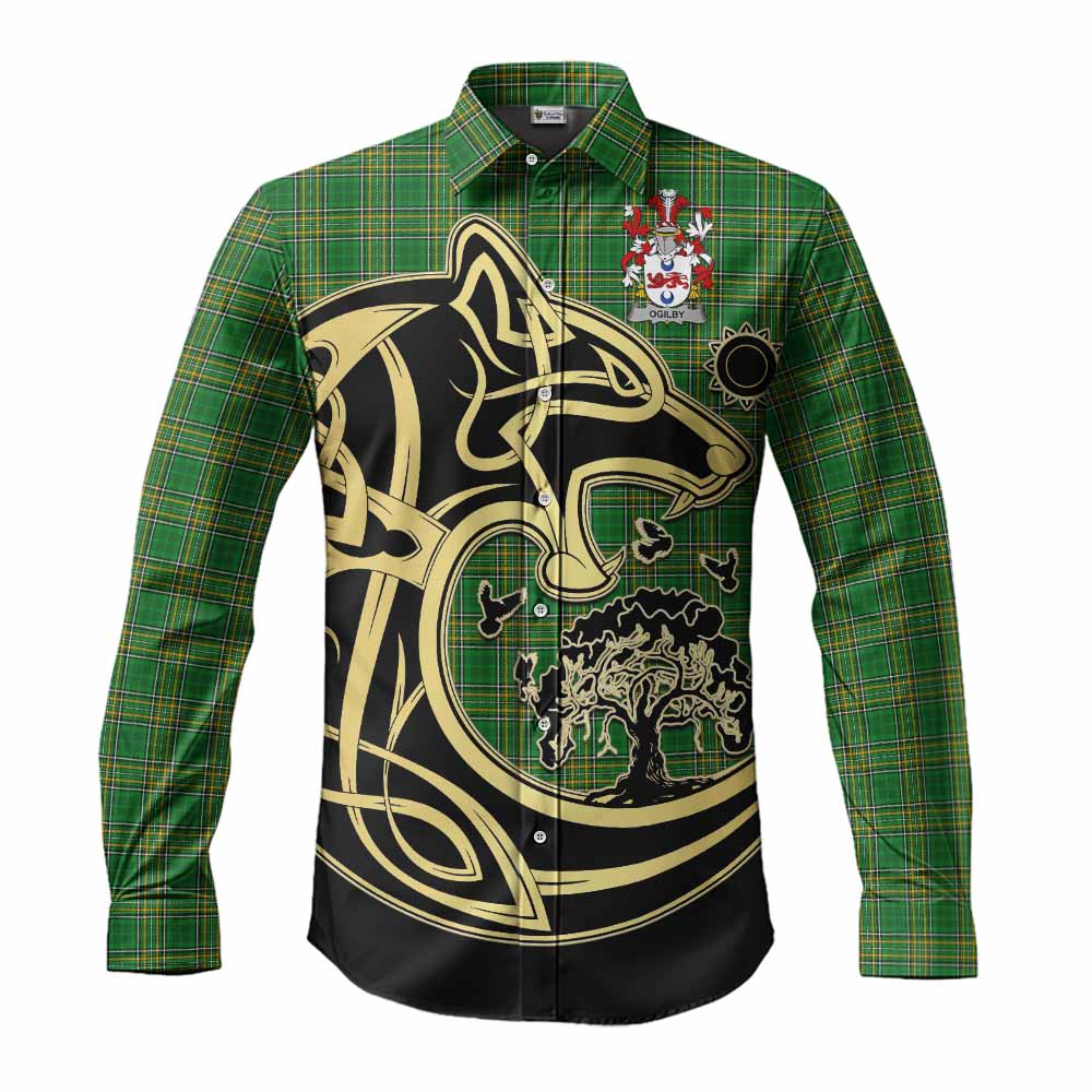 Ogilby Irish Tartan Long Sleeve Button Shirt with Coat of Arms Celtic Wolf Style Men's Shirt S - Tartan Vibes Clothing