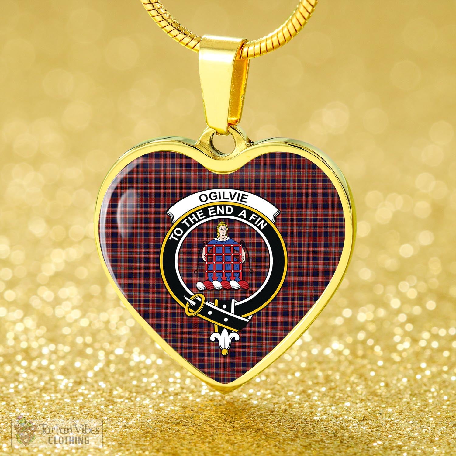 Tartan Vibes Clothing Ogilvie (Ogilvy) Tartan Heart Necklace with Family Crest