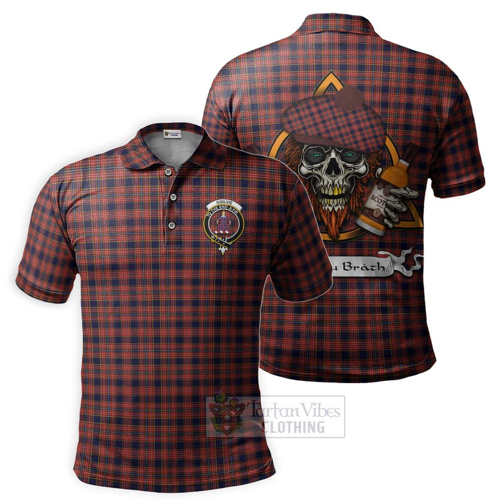 Tartan Vibes Clothing Ogilvie (Ogilvy) Tartan Polo Shirt with Family Crest and Bearded Skull Holding Bottles of Whiskey