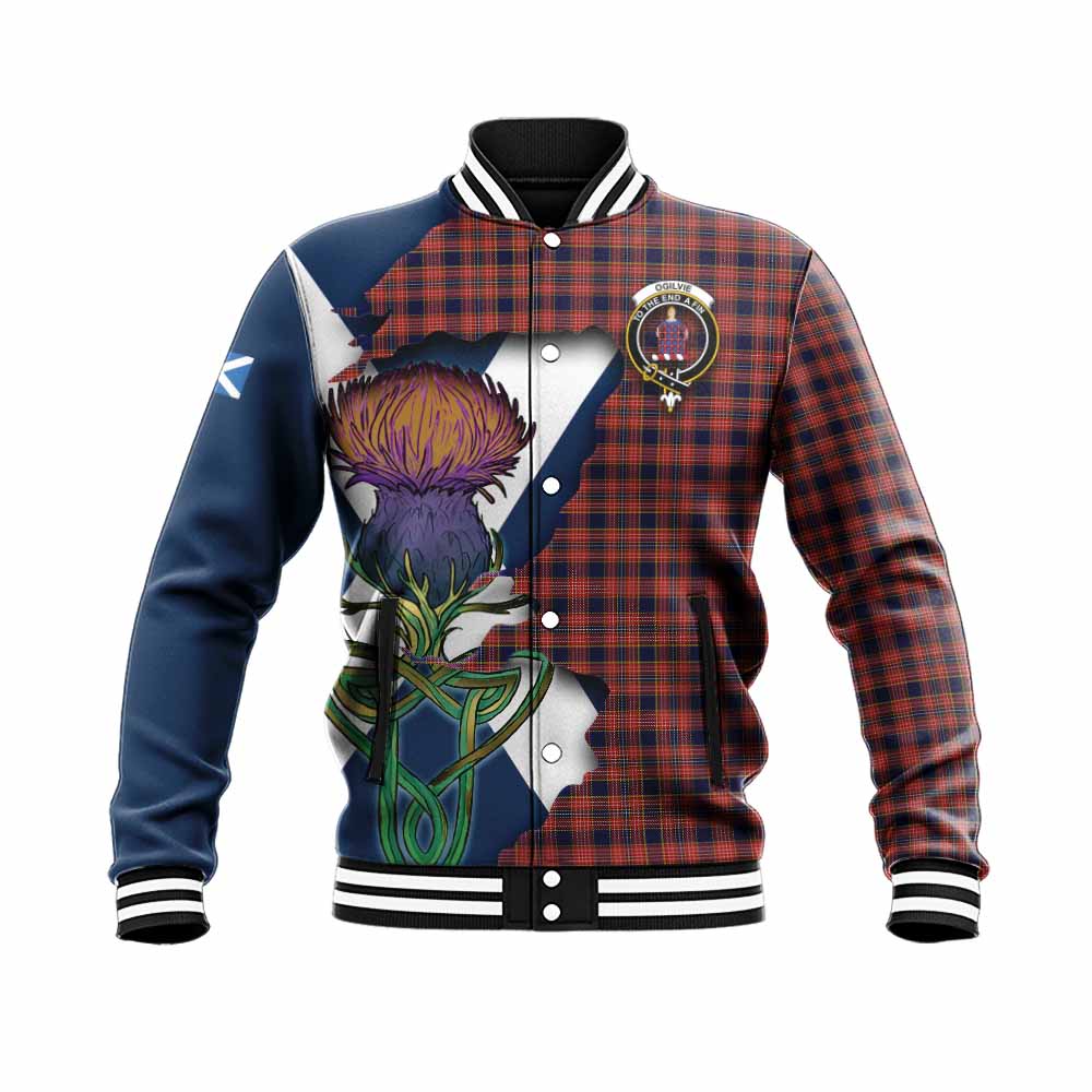 Tartan Vibes Clothing Ogilvie (Ogilvy) Tartan Family Crest Baseball Jacket Scottish Thistle Celtic Inspired