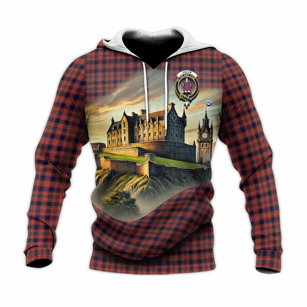Tartan Vibes Clothing Ogilvie (Ogilvy) Tartan Family Crest Knitted Hoodie with Scottish Ancient Castle Style