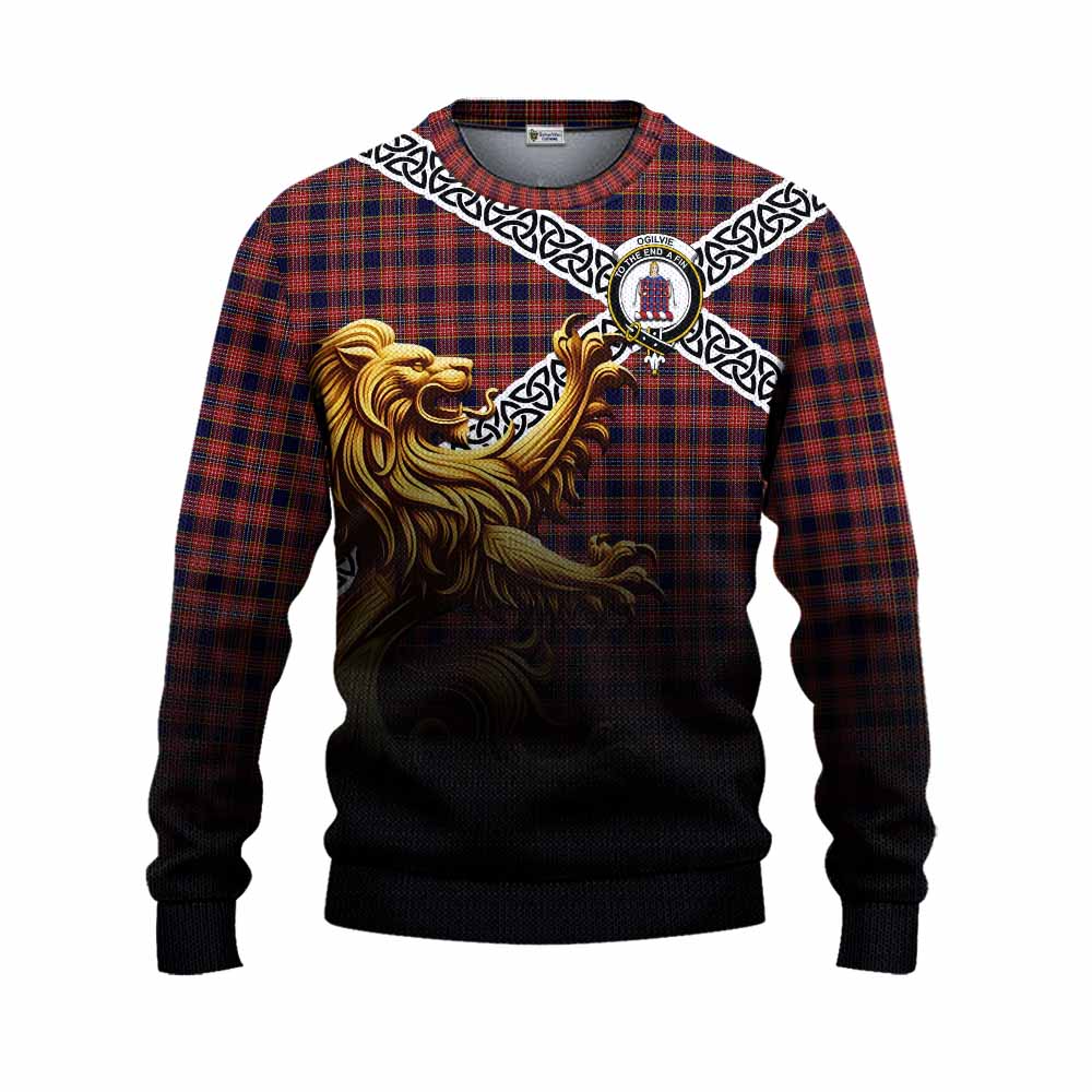 Tartan Vibes Clothing Ogilvie (Ogilvy) Crest Tartan Knitted Sweater with Golden Lion Emblem Celtic Style