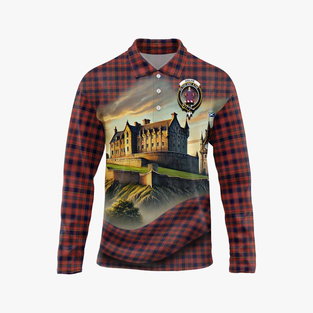 Tartan Vibes Clothing Ogilvie (Ogilvy) Tartan Family Crest Long Sleeve Polo Shirt with Scottish Ancient Castle Style