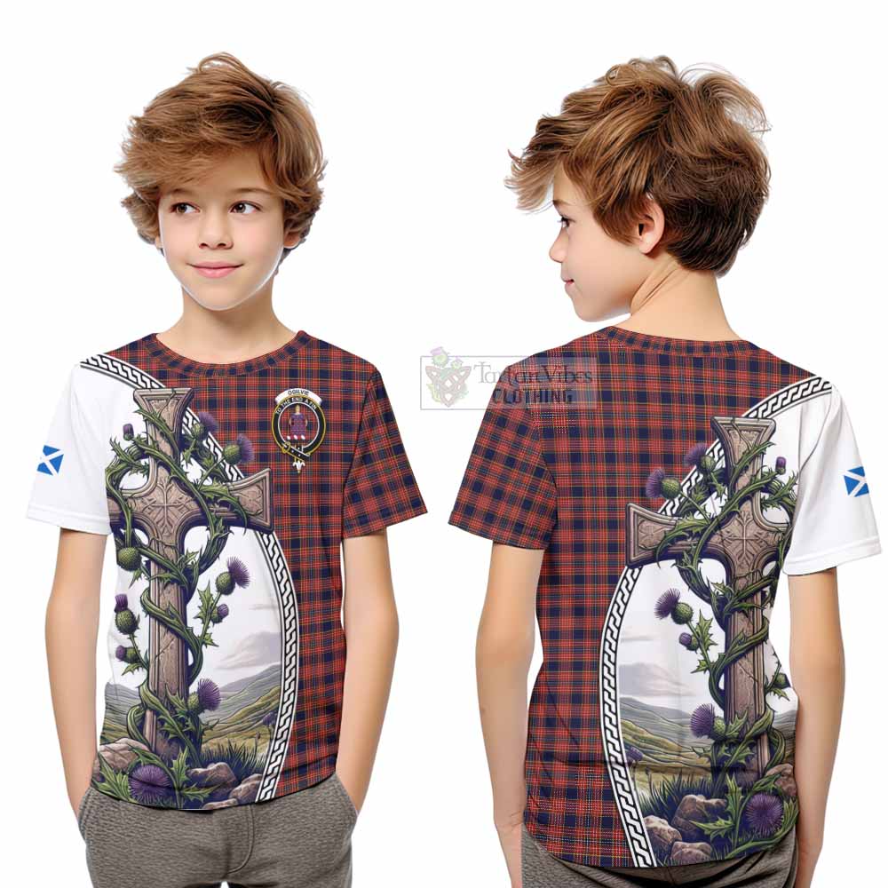 Tartan Vibes Clothing Ogilvie (Ogilvy) Tartan Kid T-Shirt with Family Crest and St. Andrew's Cross Accented by Thistle Vines