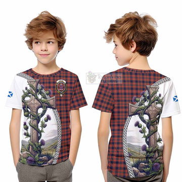 Ogilvie (Ogilvy) Tartan Kid T-Shirt with Family Crest and St. Andrew's Cross Accented by Thistle Vines