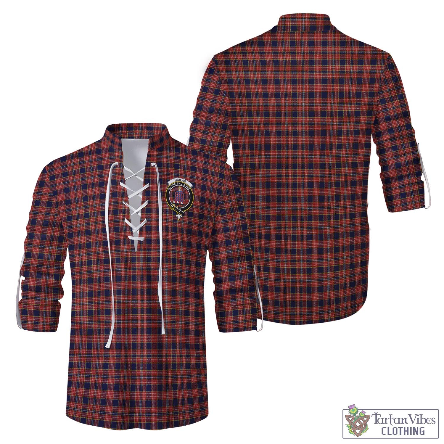 Tartan Vibes Clothing Ogilvie (Ogilvy) Tartan Men's Scottish Traditional Jacobite Ghillie Kilt Shirt with Family Crest