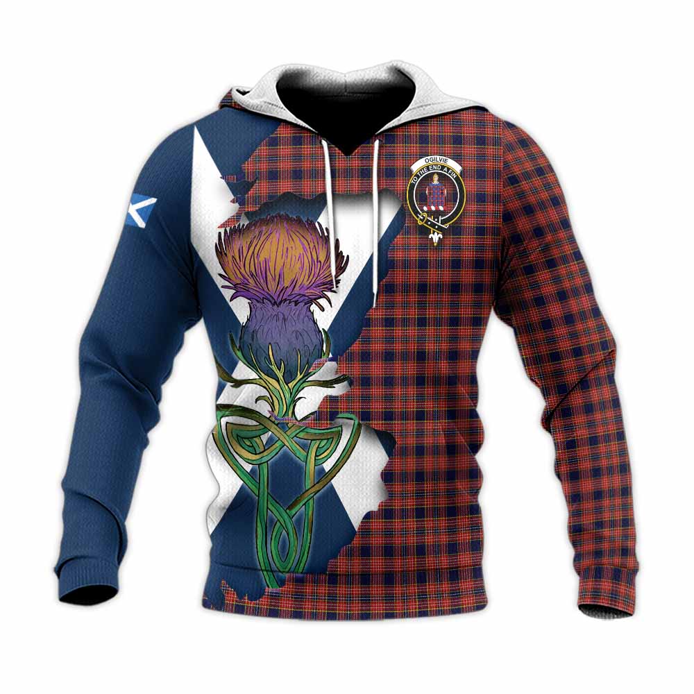 Tartan Vibes Clothing Ogilvie (Ogilvy) Tartan Family Crest Knitted Hoodie Scottish Thistle Celtic Inspired