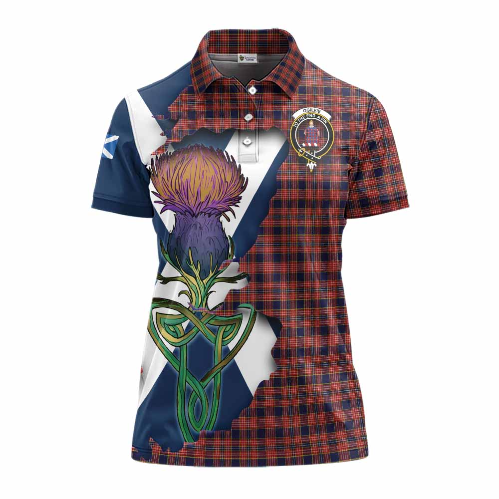 Tartan Vibes Clothing Ogilvie (Ogilvy) Tartan Family Crest Women's Polo Shirt Scottish Thistle Celtic Inspired