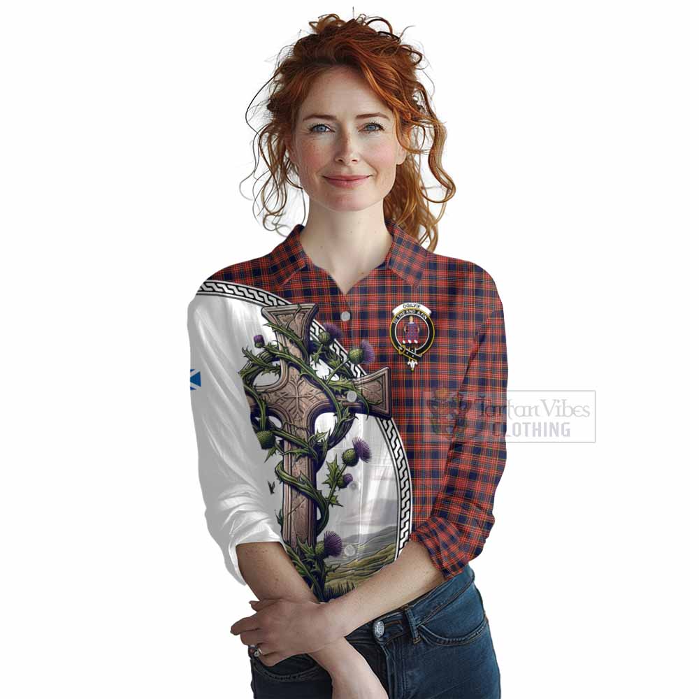 Tartan Vibes Clothing Ogilvie (Ogilvy) Tartan Women's Casual Shirt with Family Crest and St. Andrew's Cross Accented by Thistle Vines