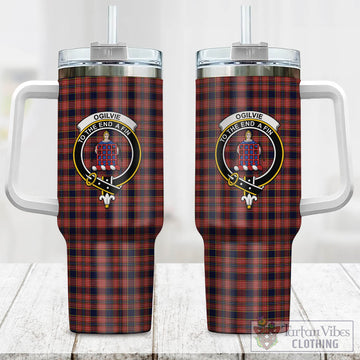 Tartan Vibes Clothing Ogilvie (Ogilvy) Tartan and Family Crest Tumbler with Handle
