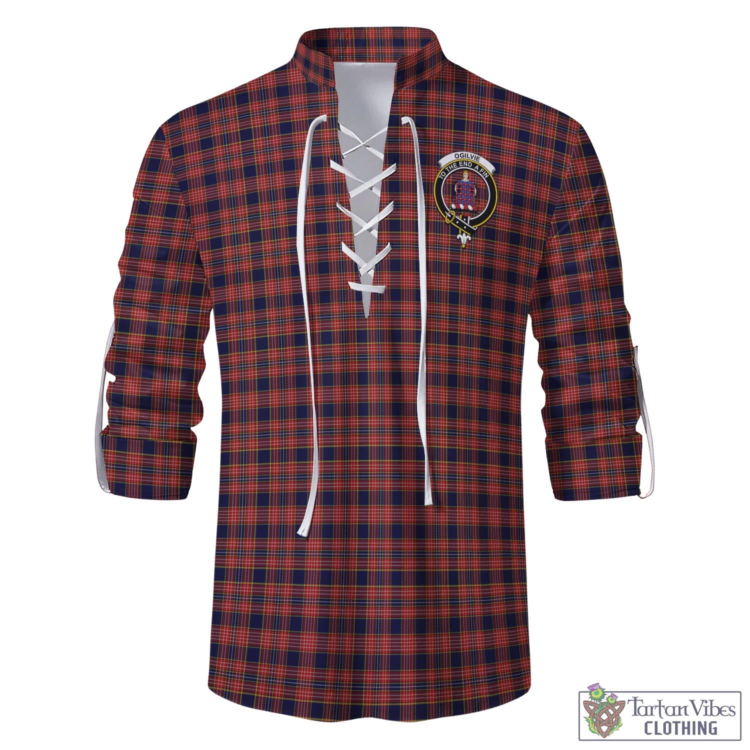 Tartan Vibes Clothing Ogilvie (Ogilvy) Tartan Men's Scottish Traditional Jacobite Ghillie Kilt Shirt with Family Crest