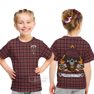 Tartan Vibes Clothing Ogilvie (Ogilvy) Tartan Kid T-Shirt with Family Crest and Bearded Skull Holding Bottles of Whiskey