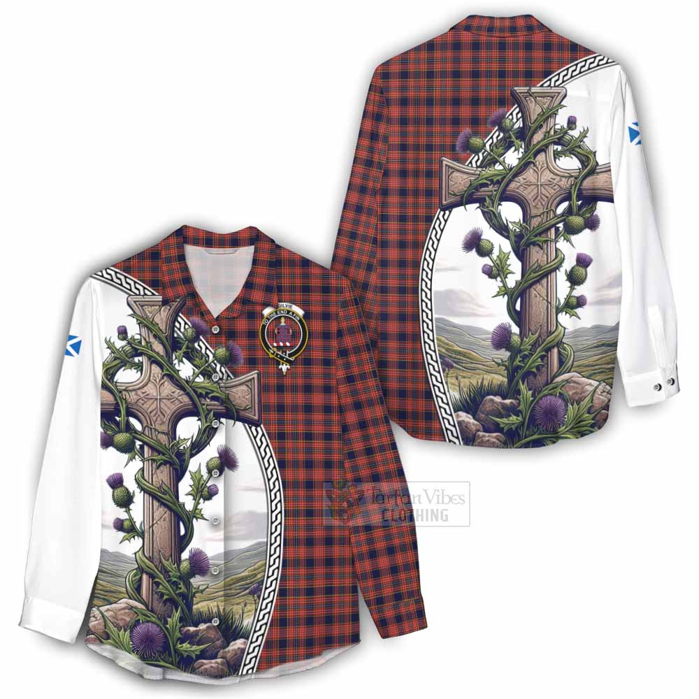 Tartan Vibes Clothing Ogilvie (Ogilvy) Tartan Women's Casual Shirt with Family Crest and St. Andrew's Cross Accented by Thistle Vines