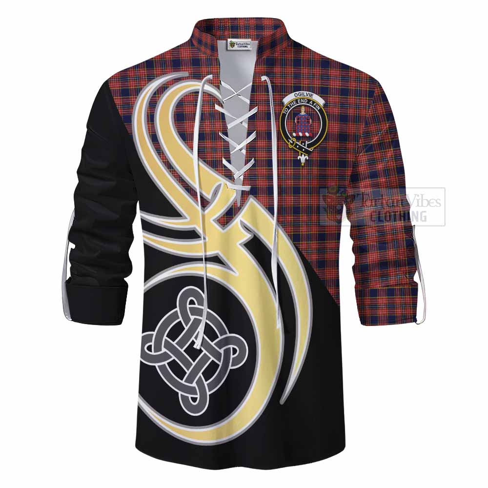 Tartan Vibes Clothing Ogilvie (Ogilvy) Tartan Ghillie Kilt Shirt with Family Crest and Celtic Symbol Style
