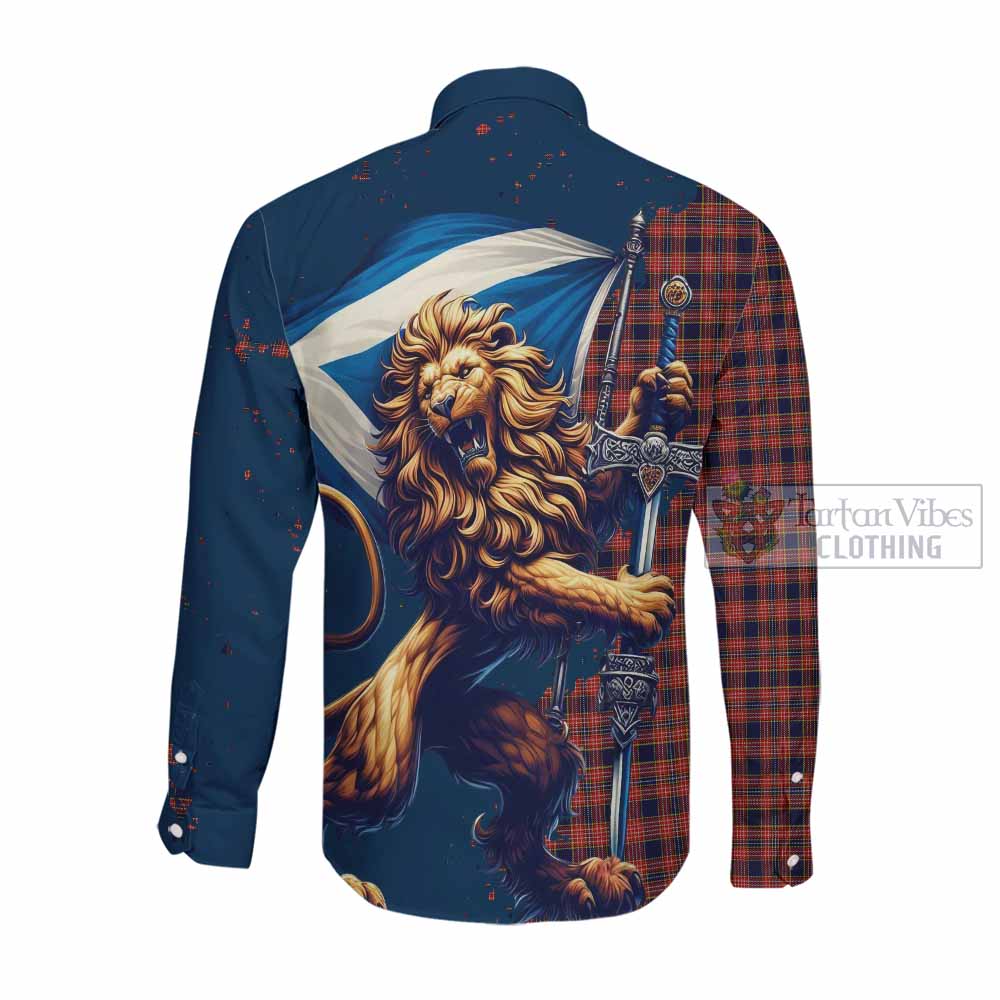 Tartan Vibes Clothing Ogilvie (Ogilvy) Tartan Family Crest Long Sleeve Button Shirt with Scottish Majestic Lion