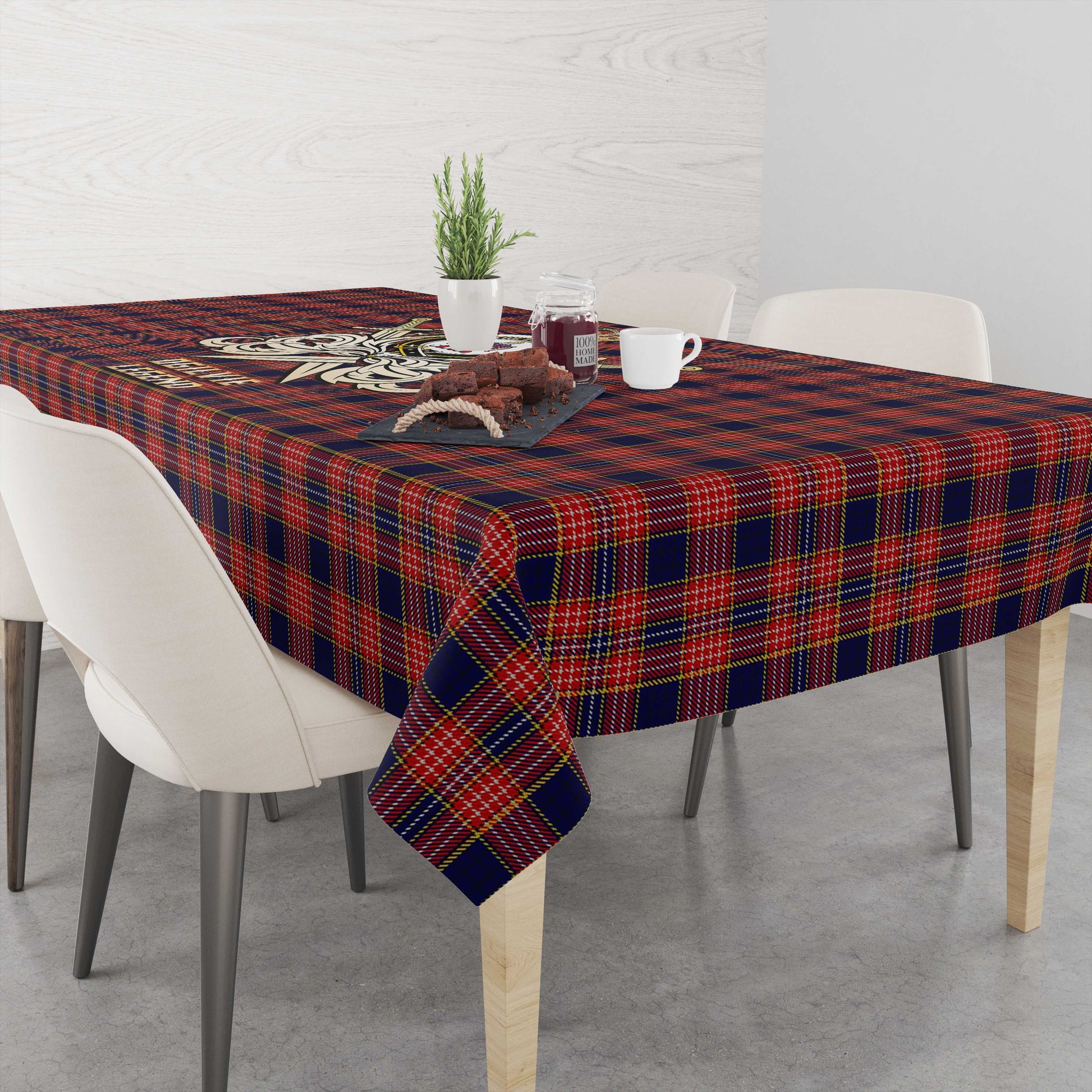 Tartan Vibes Clothing Ogilvie (Ogilvy) Tartan Tablecloth with Clan Crest and the Golden Sword of Courageous Legacy