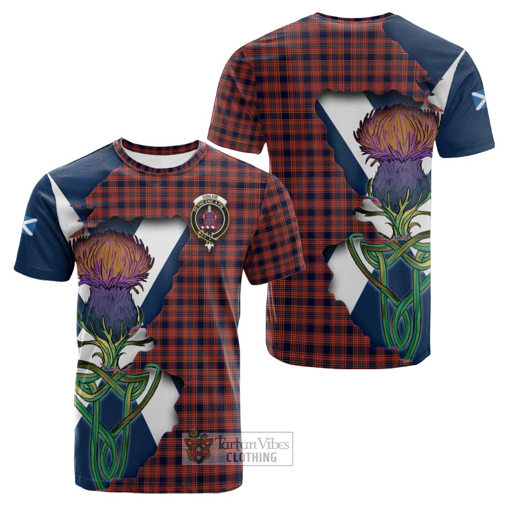 Tartan Vibes Clothing Ogilvie (Ogilvy) Tartan Family Crest Cotton T-shirt Scottish Thistle Celtic Inspired