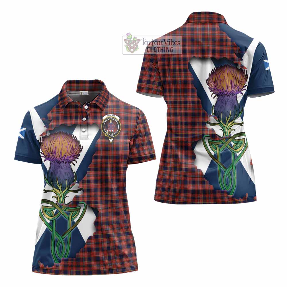 Tartan Vibes Clothing Ogilvie (Ogilvy) Tartan Family Crest Women's Polo Shirt Scottish Thistle Celtic Inspired
