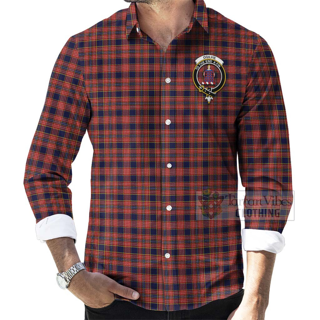 Tartan Vibes Clothing Ogilvie (Ogilvy) Tartan Long Sleeve Button Shirt with Family Crest Celtic Skull Style