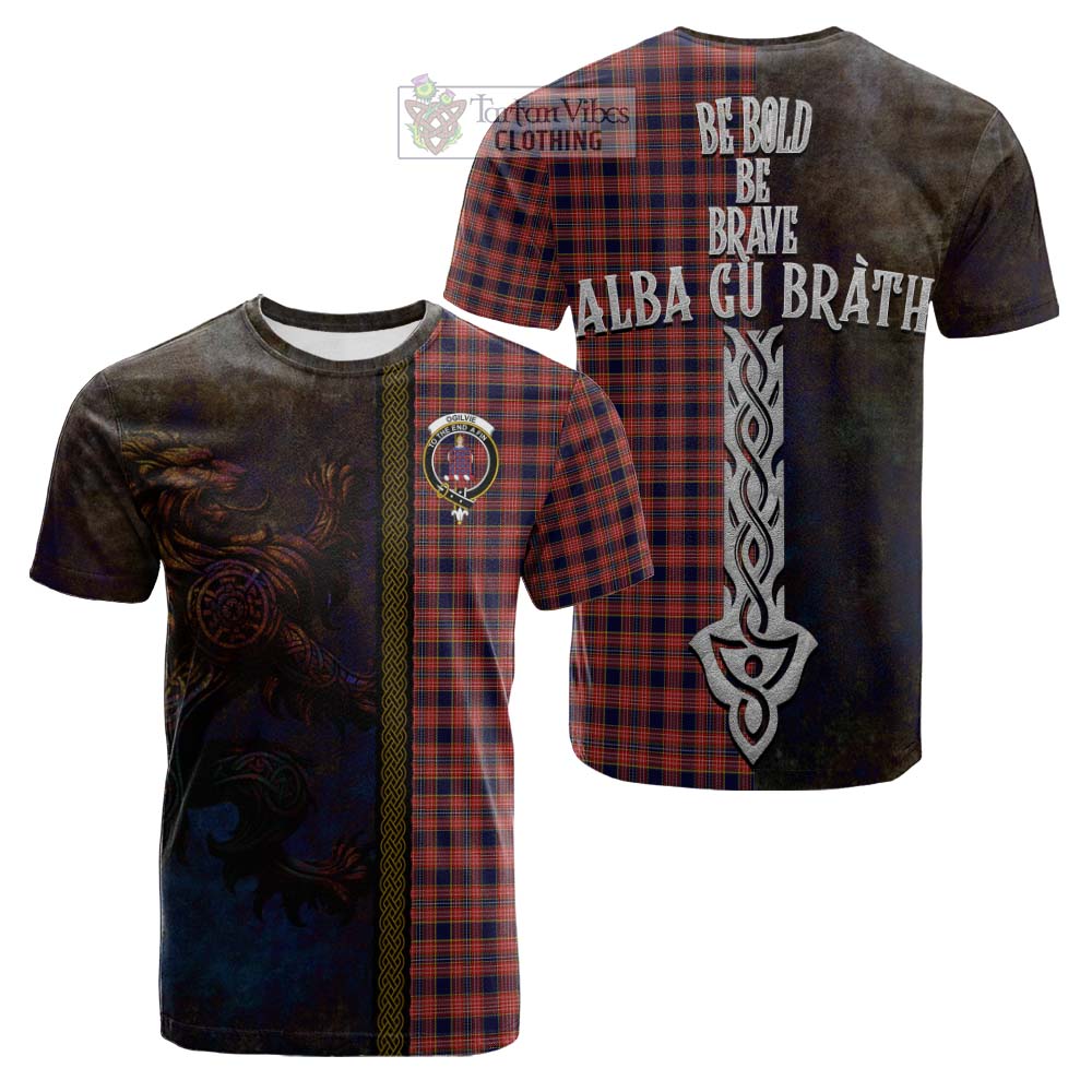 Tartan Vibes Clothing Ogilvie (Ogilvy) Tartan Family Crest Cotton T-shirt Alba Gu Brath Be Brave Lion Ancient Style