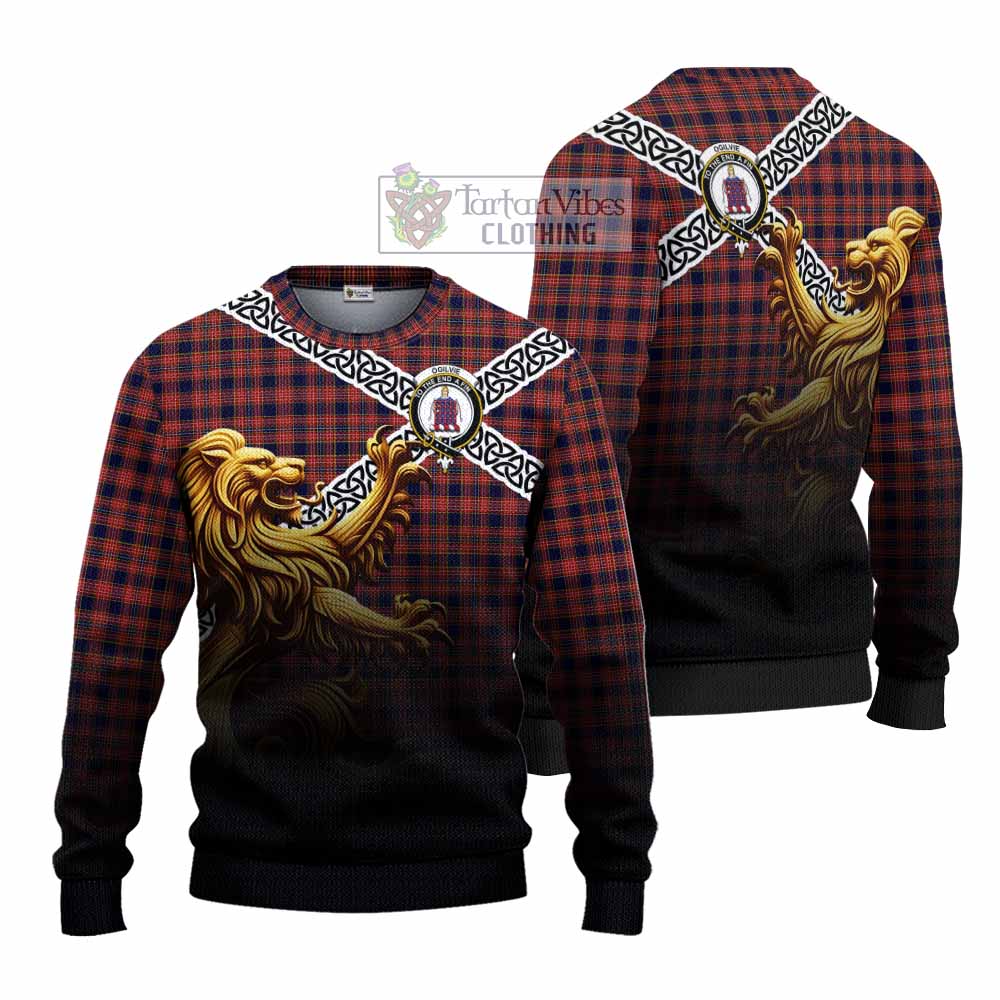 Tartan Vibes Clothing Ogilvie (Ogilvy) Crest Tartan Knitted Sweater with Golden Lion Emblem Celtic Style