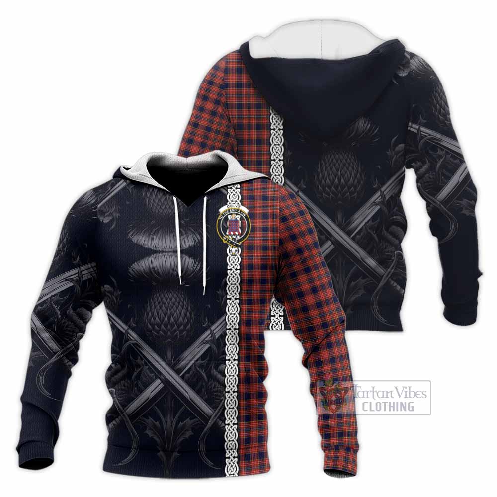 Tartan Vibes Clothing Ogilvie (Ogilvy) Tartan Knitted Hoodie with Family Crest Cross Sword Thistle Celtic Vibes