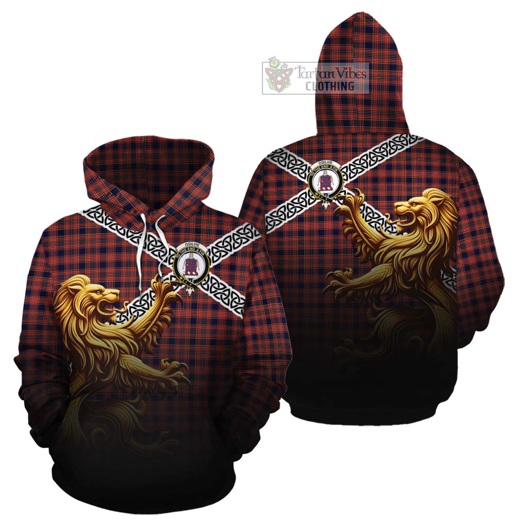 Tartan Vibes Clothing Ogilvie (Ogilvy) Crest Tartan Cotton Hoodie with Golden Lion Emblem Celtic Style