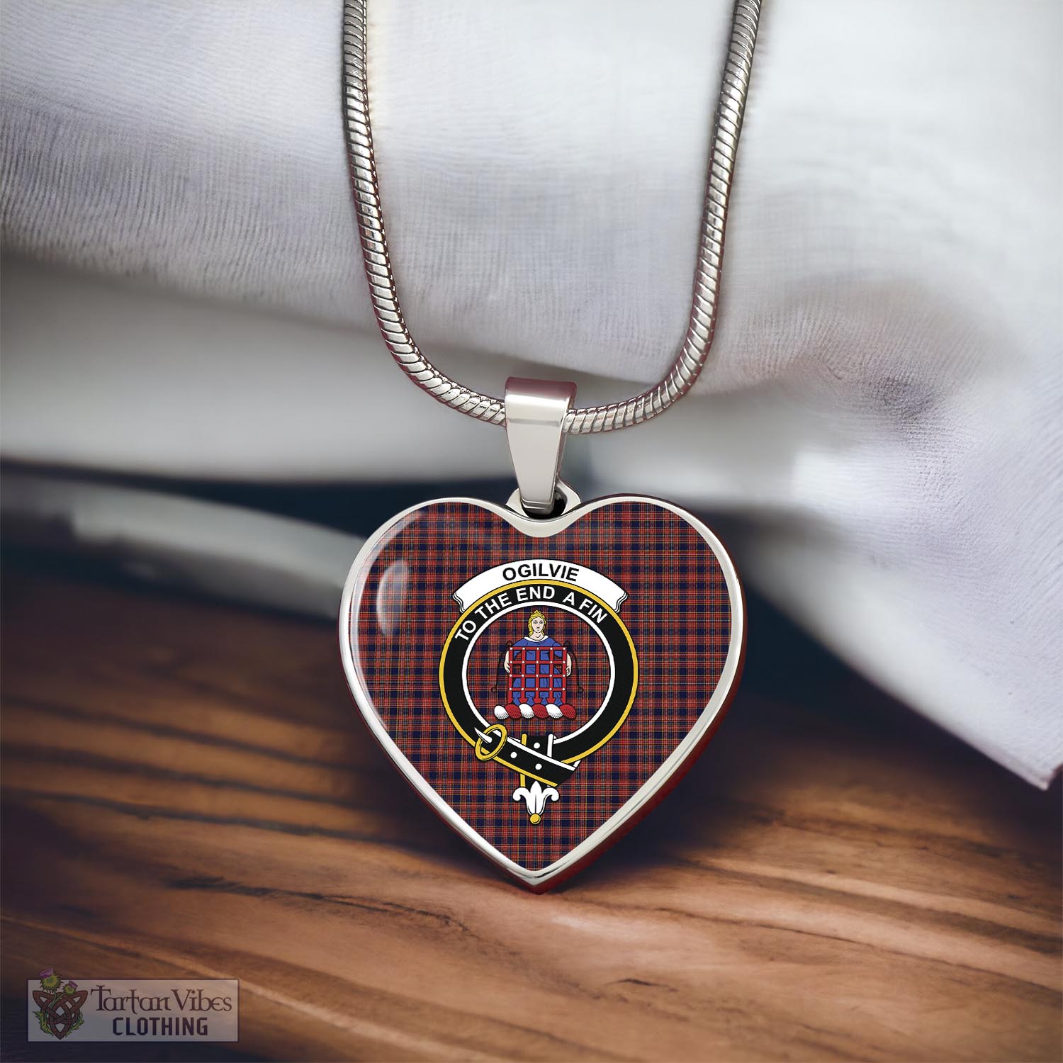 Tartan Vibes Clothing Ogilvie (Ogilvy) Tartan Heart Necklace with Family Crest