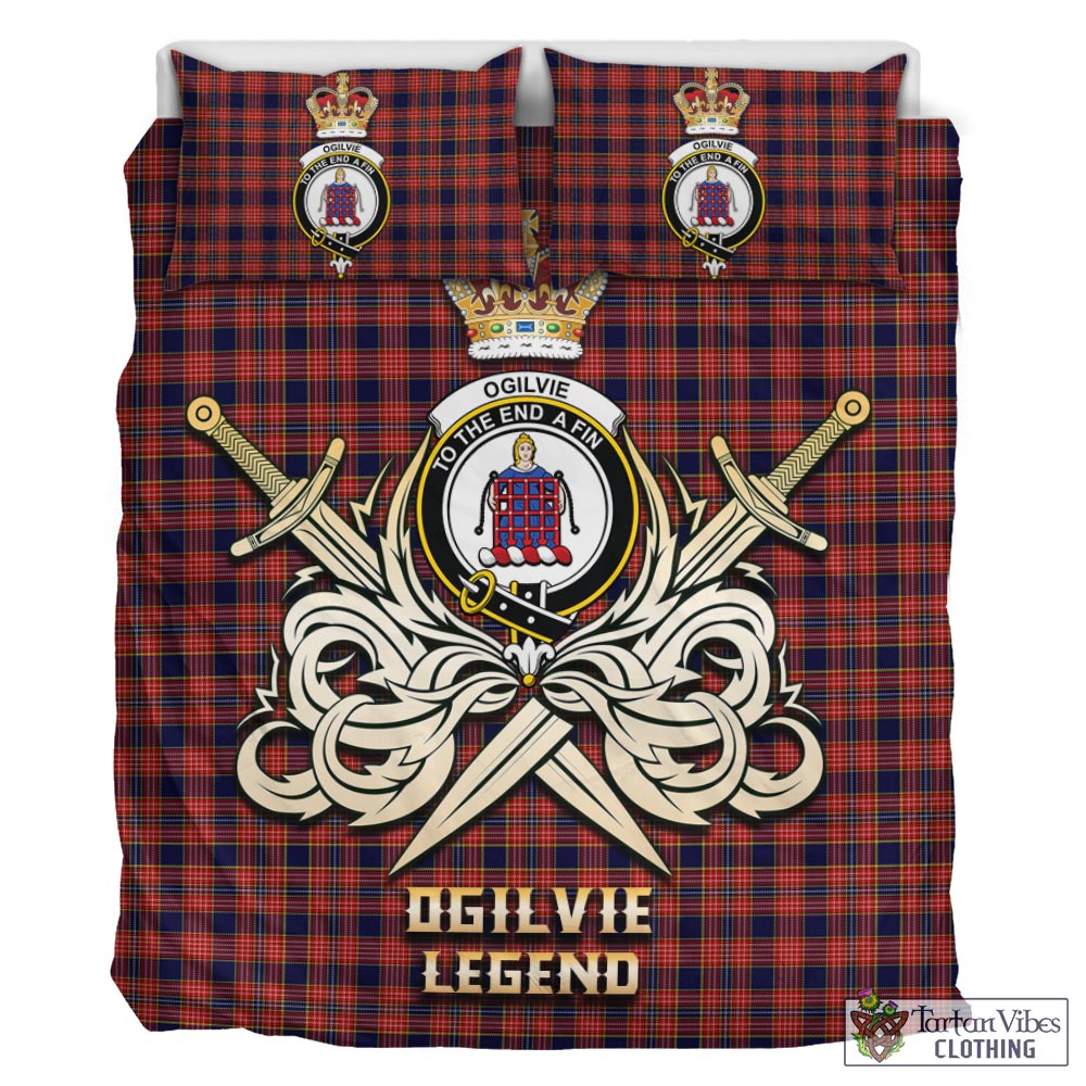 Tartan Vibes Clothing Ogilvie (Ogilvy) Tartan Bedding Set with Clan Crest and the Golden Sword of Courageous Legacy