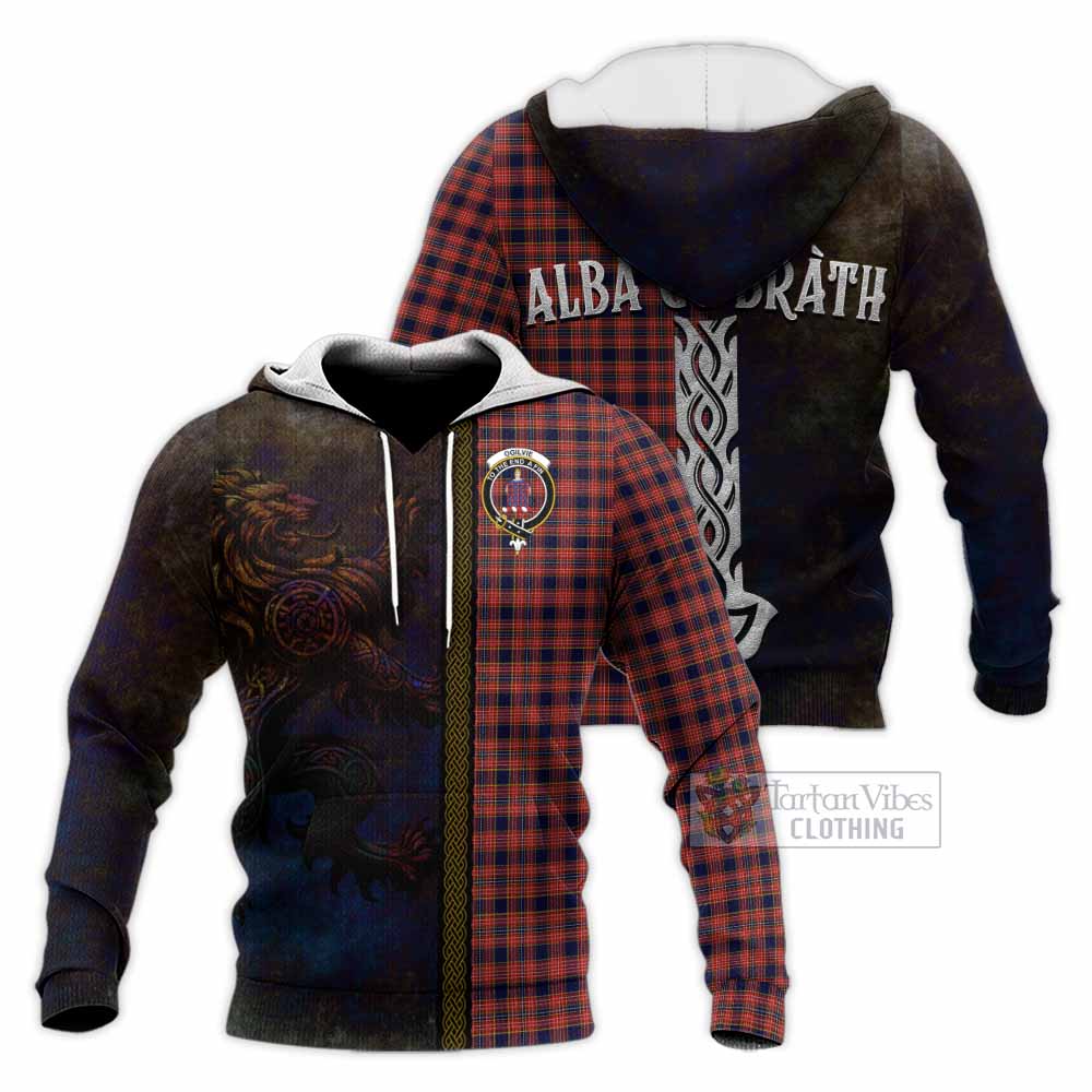 Tartan Vibes Clothing Ogilvie (Ogilvy) Tartan Family Crest Knitted Hoodie Alba Gu Brath Be Brave Lion Ancient Style