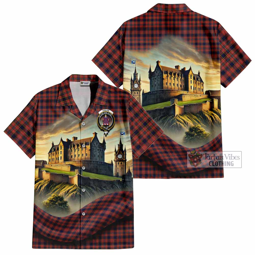 Tartan Vibes Clothing Ogilvie (Ogilvy) Tartan Family Crest Short Sleeve Button Shirt with Scottish Ancient Castle Style
