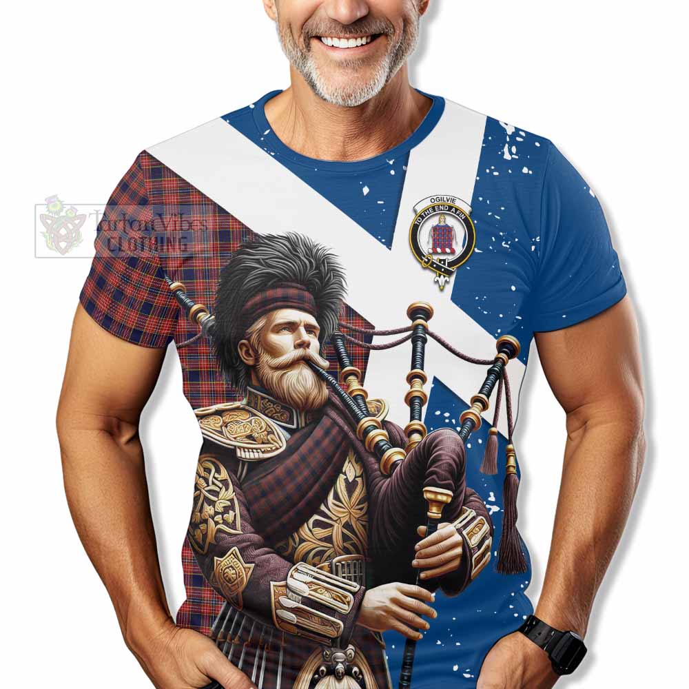 Tartan Vibes Clothing Ogilvie (Ogilvy) Tartan T-Shirt with Family Crest Scottish Bagpiper Vibes