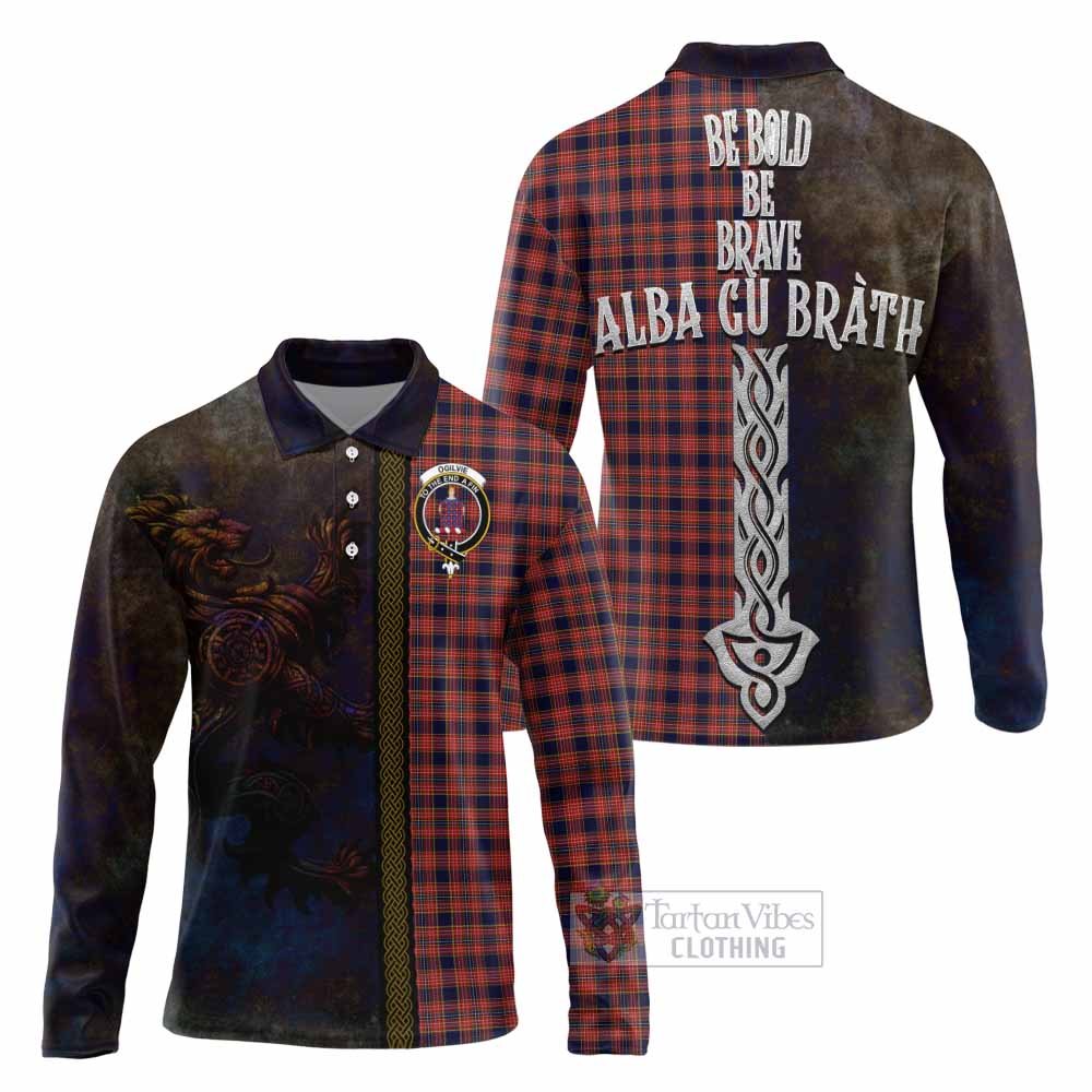 Tartan Vibes Clothing Ogilvie (Ogilvy) Tartan Family Crest Long Sleeve Polo Shirt Alba Gu Brath Be Brave Lion Ancient Style