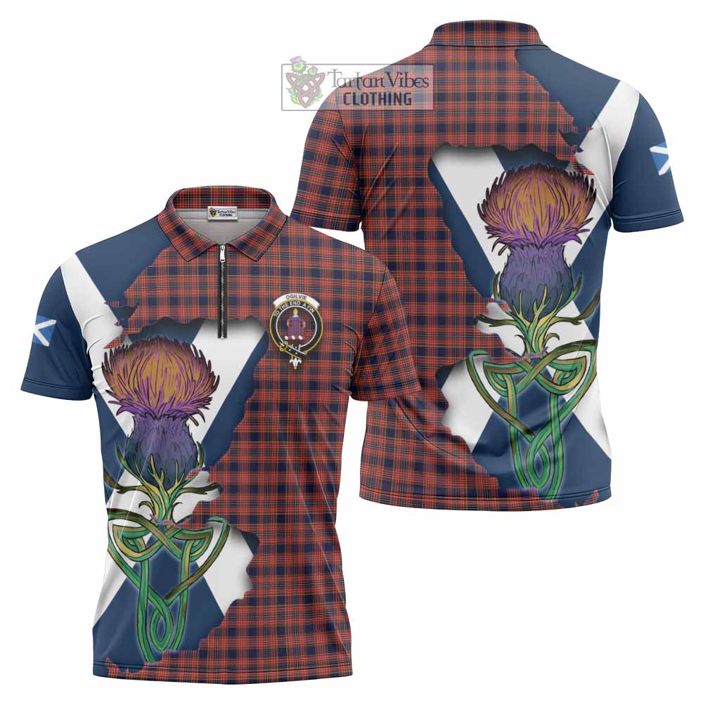 Tartan Vibes Clothing Ogilvie (Ogilvy) Tartan Family Crest Zipper Polo Shirt Scottish Thistle Celtic Inspired