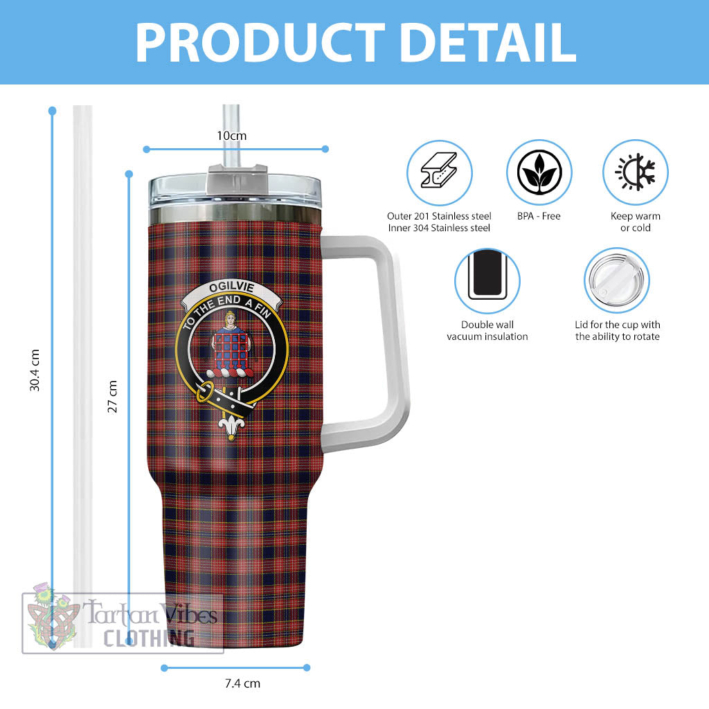 Tartan Vibes Clothing Ogilvie (Ogilvy) Tartan and Family Crest Tumbler with Handle