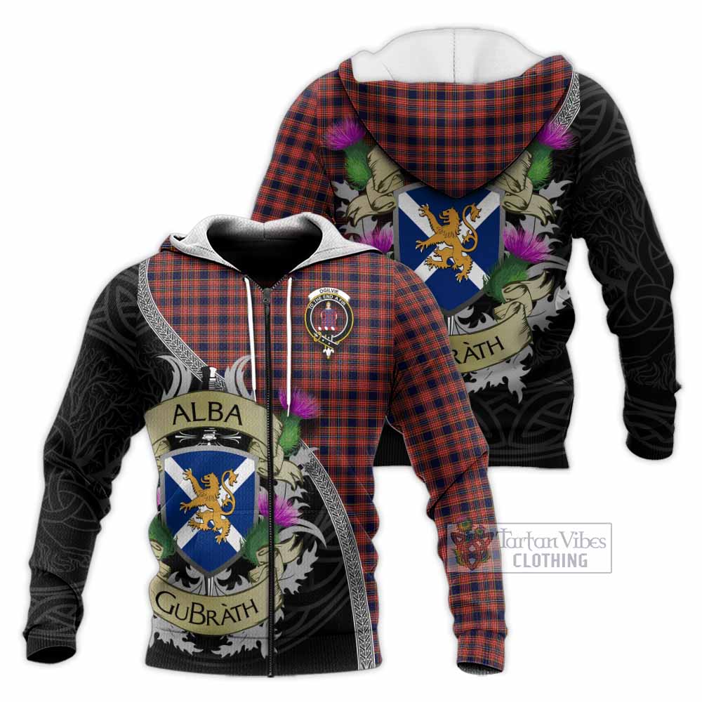 Tartan Vibes Clothing Ogilvie (Ogilvy) Tartan Family Crest Knitted Hoodie Lion Rampant Royal Thistle Shield Celtic Inspired