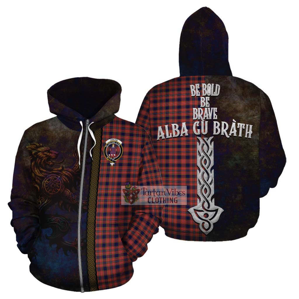 Tartan Vibes Clothing Ogilvie (Ogilvy) Tartan Family Crest Cotton Hoodie Alba Gu Brath Be Brave Lion Ancient Style