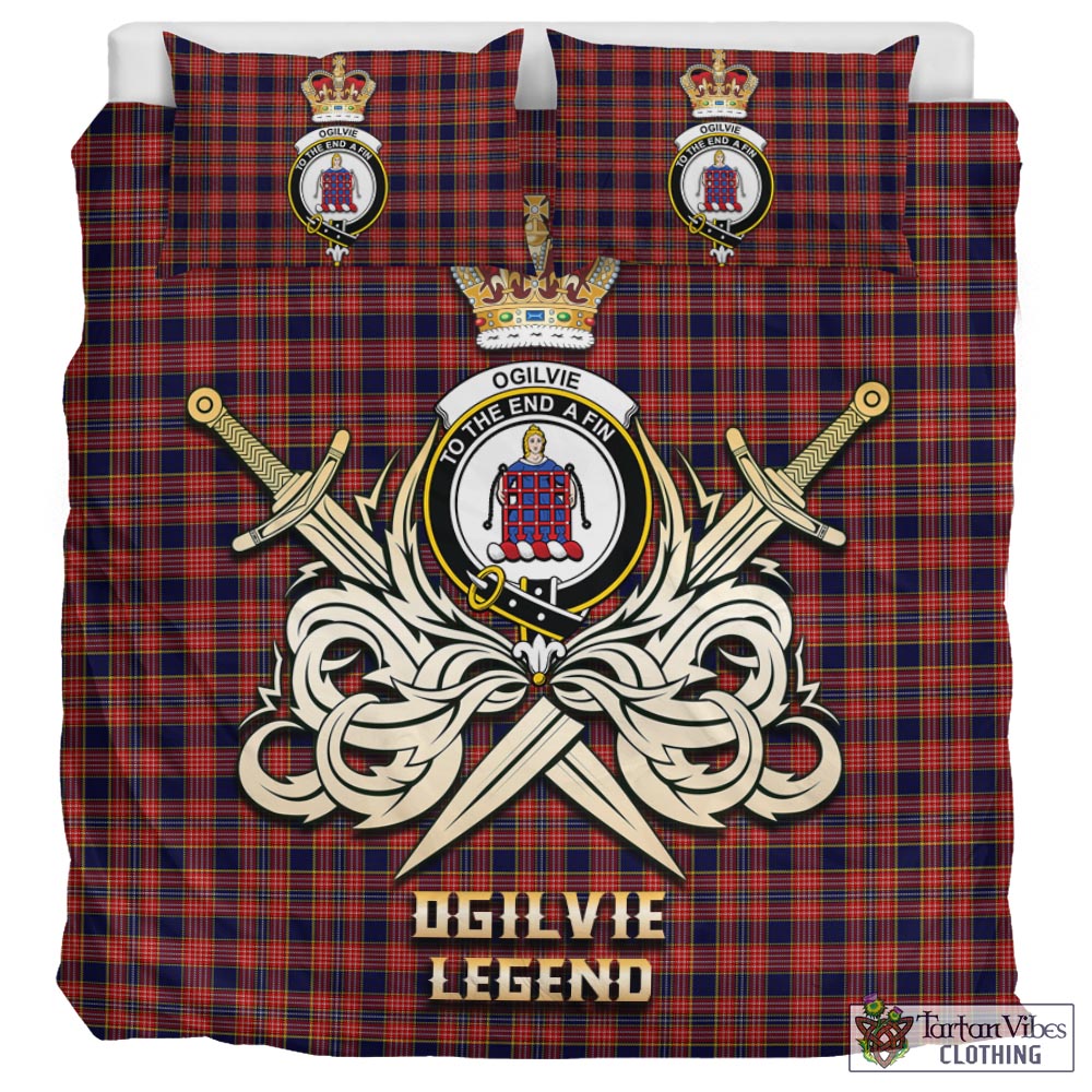 Tartan Vibes Clothing Ogilvie (Ogilvy) Tartan Bedding Set with Clan Crest and the Golden Sword of Courageous Legacy